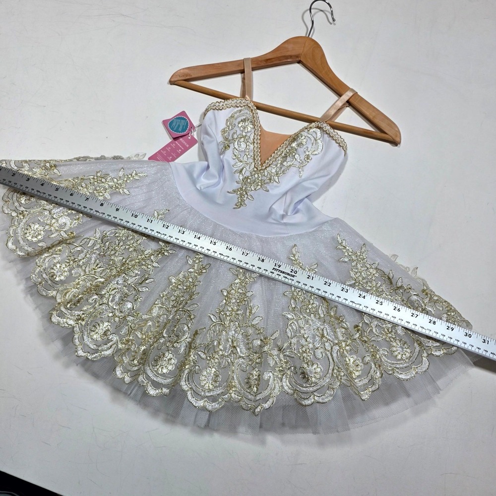 Oridoor Professional Ballet Tutu Girls 130 White Gold Sequin Lace Dance Costume - Picture 4 of 8